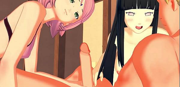  Hinata and Sakura get fucked by Naruto in a threesome, cums in both of them - Naruto Hentai.